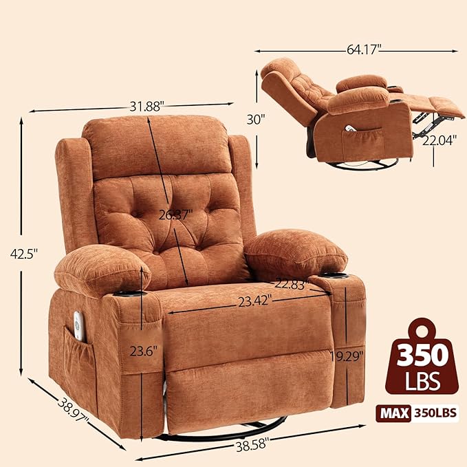 Overstuffed Rocker Recliner Chair with Massage and Heat, Mid Century Ergonomic Rocking Swivel Recliners Lounge Chair for Living Room, Manual Recliner Sofa Chairs with 2 Cup Holders, USB