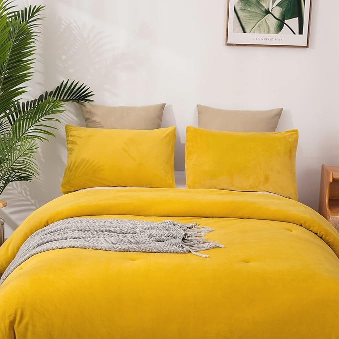 Cottonight Mustard Yellow Velvet Comforter Set Queen Plush Flannel Fluffy Yellow Bedding Comforter Set Micromink Sherpa Warm Heavyweight Winter Comforter for Women Men Adults Teens