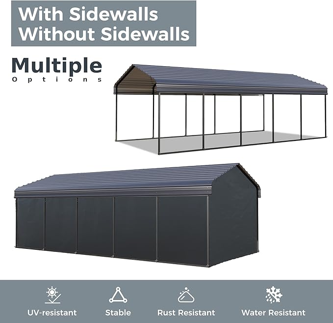 GREEN PARTY 12 x 25 ft Metal Carport Kits with Galvanized Steel Roof & Removable Sidewalls, Heavy Duty Metal Carport Canopy, Outdoor Car Tent Metal Garage Shelter for Car, SUV, Truck and Boats, Gray