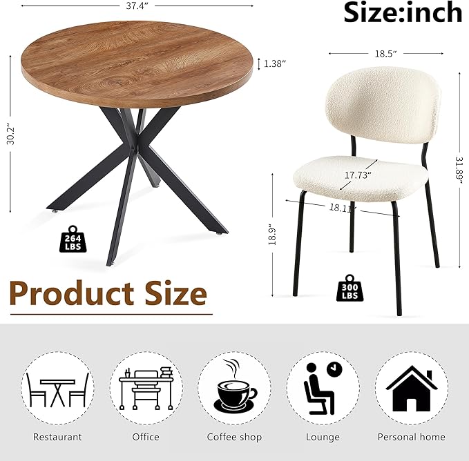 Round Dining Table Set for 4, Modern 5-Piece Kitchen Table Set, 37" Round MDF Living Coffee Table with 4 Seated Boucle Dining Chairs Upholstered, Metal Legs for Dining Hall, Living Room