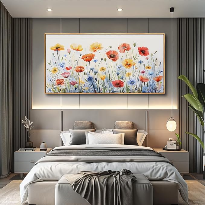 PHAOHUAXM Large Canvas Wall Decor For Living Room Wall Art For Bedroom Modern Gable art Framed Beach Posters Ink-Wash Flower Painting Dining Room Print Artwork Mural Home Decor Wood Frame 30"X60"