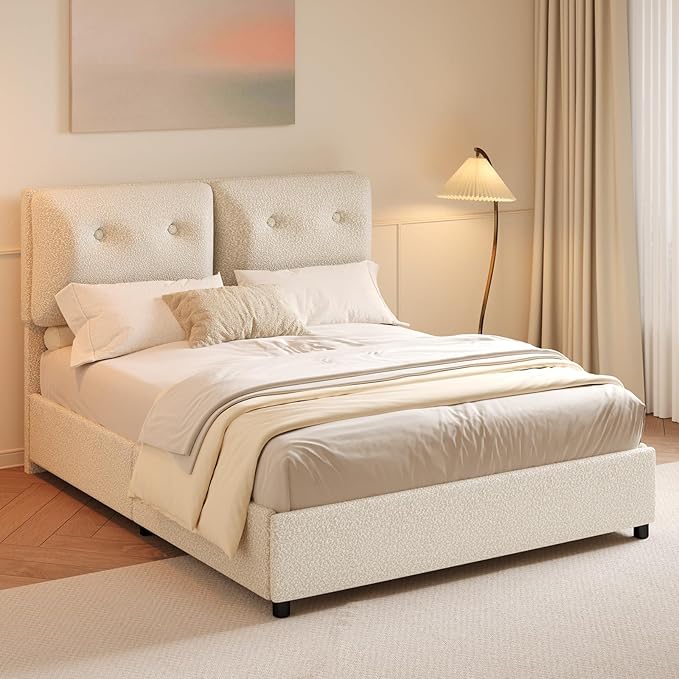 Full Bed Frames,Breathable Boucle Fabric Upholstered Bed Frame with Headboard,Removable and Washable,Wood Slat Support,No Box Spring Needed,Easy Assembly,Beige