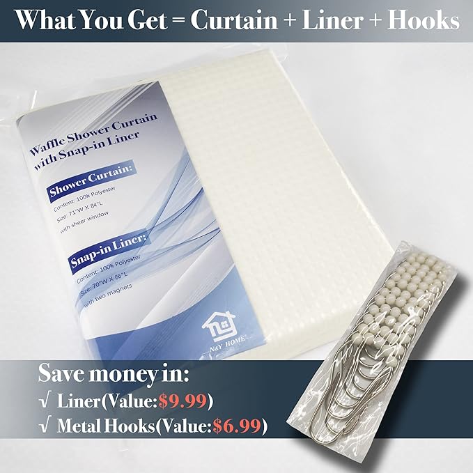 N&Y HOME Extra Long Cream Waffle Weave Shower Curtain with Snap-in Fabric Liner & Hooks Set - 71" x 84", Hotel Style & Mesh Top Window, Machine Washable - 71x84 Inches, Cream