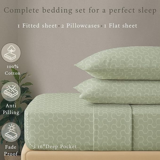 Threadmill 500 Thread Count King Size 4 Pc Luxury Cotton Bed Sheet Set, Jacquard Floria Sage Green, Silky Soft Sheets with 16" Elasticized Deep Pocket, 2 Pillowcases & Free Tote Bag