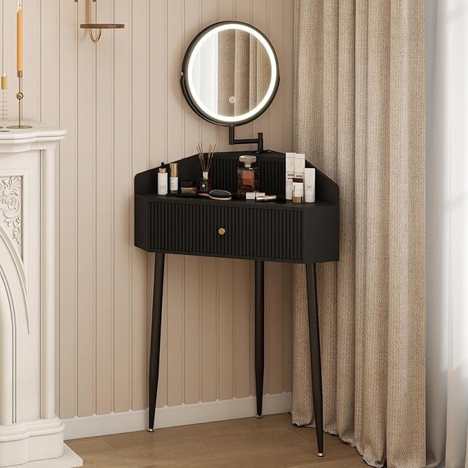 ARTETHYS Corner Vanity Desk with Retractable and Rotating Mirror and Lights Small Modern Black Makeup Vanity Set with Glass Top for Women Compact Girls Dressing Table with Storage for Small Space