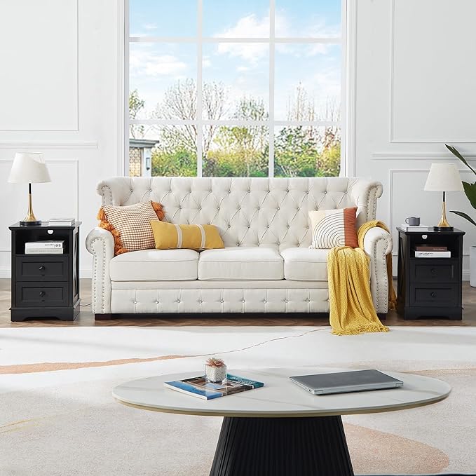 Farmhouse 2 Drawers Dresser for Bedroom, Rustic Small Chest of Drawers with Charging Station, Wood End Table with Open Shelf, Black Modern Nightstand for Bedroom, Living Room, Entryway