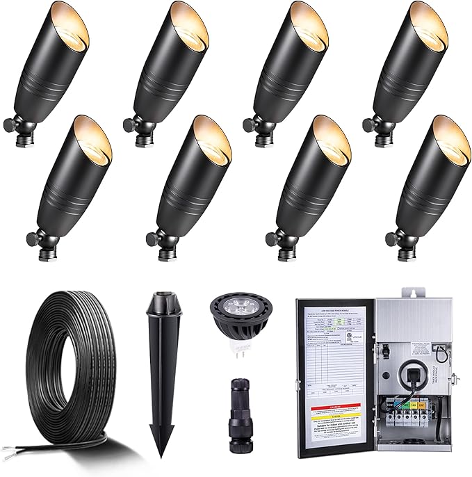 Black Brass Low Voltage Landscape Spotlights(8-Pack) Kit 12V LED with 150W Low Voltage Transformer & Mechanical Timer & 100FT Wire & 40Pack Connectors for Outdoor House Garden Patio