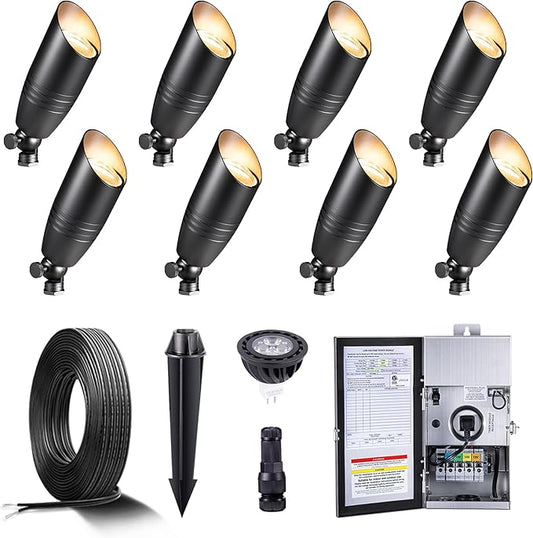 Black Brass Low Voltage Landscape Spotlights(8-Pack) Kit 12V LED with 150W Low Voltage Transformer & Mechanical Timer & 100FT Wire & 40Pack Connectors for Outdoor House Garden Patio