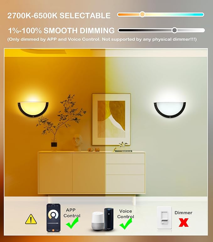 CLOUDY BAY Smart WiFi LED Wall Sconce,RGBCW Color Changing Wall Light,Compatible with Alexa and Google Home Assistant,No Hub Required,15W 2700K-6500K,CRI90+,Brushed Nickel