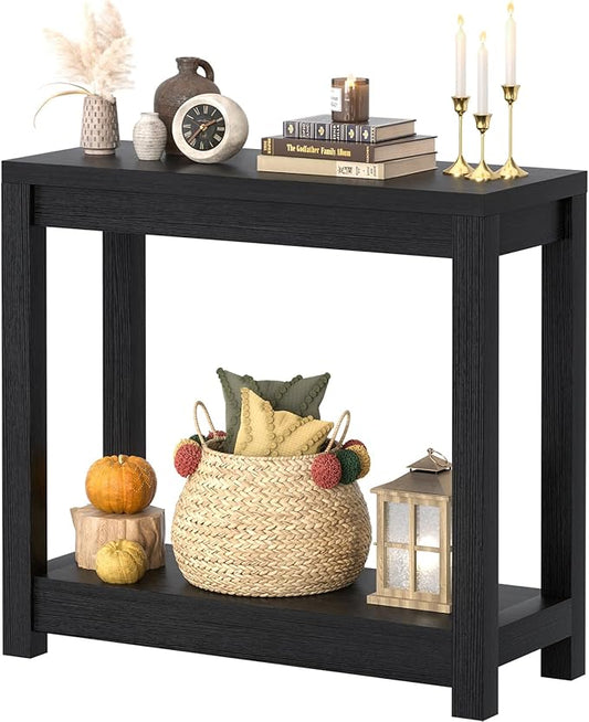 Small Farmhouse Wood Entryway Table Narrow Console Table with Storage Behind Couch Sofa Table with Shelves Entry Way Table with Open Storage, Easy Assembly, 32" Embossed Wood Grain Black