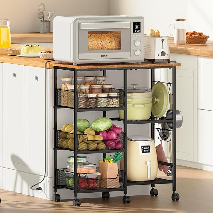 Rolling Kitchen Storage Microwave Cart, Kitchen Island with Adjustable Shelf on Lockable Wheels, Countertop 27.75"L × 15.35"W, Bakers Rack with Tilt-Out Baskets, for Kitchen, Coffee Bar, Living room