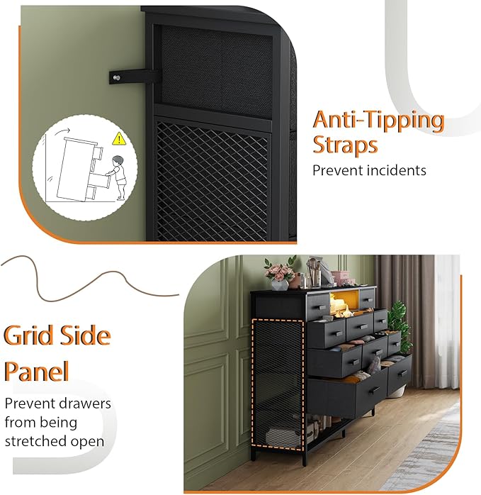 Black Dresser for Bedroom with 10 Drawers, Chest of Drawers with Charging Station, TV Stand Storage with LED Light for 55" TV, Fabric Drawers with PU Finish, Dresser with Shelves for Closet