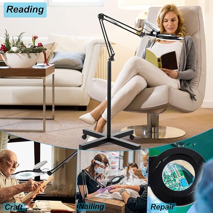 KIRKAS 10X Magnifying Floor Lamp with 4 Wheel Rolling Base for Estheticians 2,200 Lumens LED Magnifier Lighted Glass Len, Adjustable Stand & Swivel Arm Floor Mag Lamp for Reading, Beauty, Lash,Tattoo