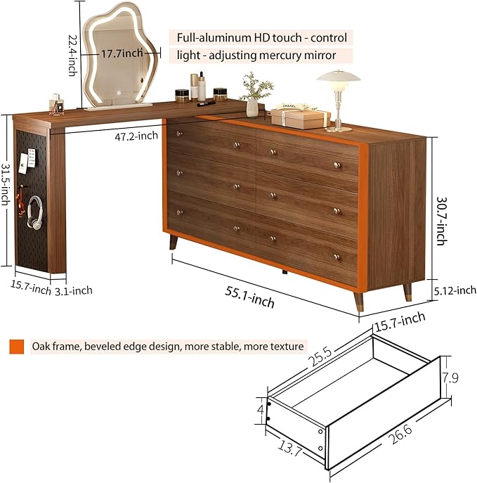 Makeup Vanity Desk with Cloud HD Lighted Mirror, 60-100in Extendable Modern Vanity Table, 6-Drawer Solid Wood Frame Storage Cabinet, Dressing Table for Bedroom, Brown