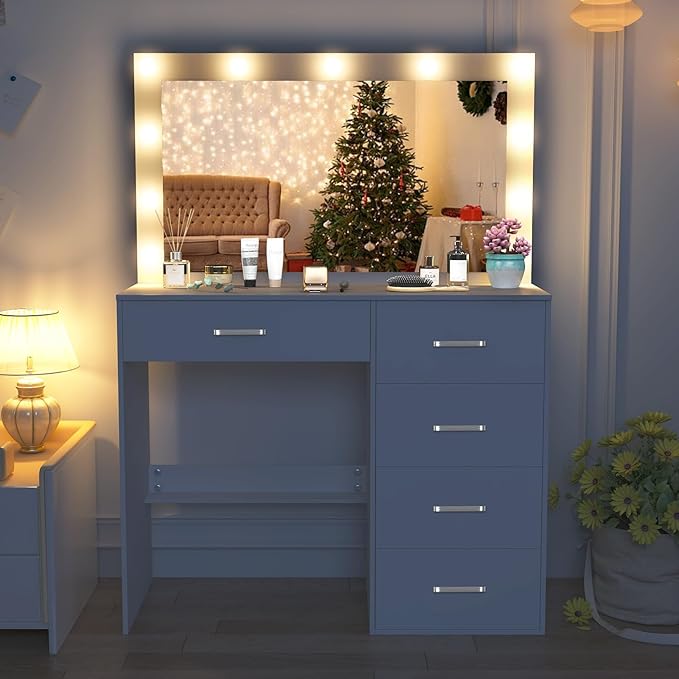 Makeup Vanity Desk with Large Mirror and Lights, White Makeup Vanity Table Set with Storage Drawers, Vanity with Lights for Bedroom, Dressing Table for Teen Girls and Women
