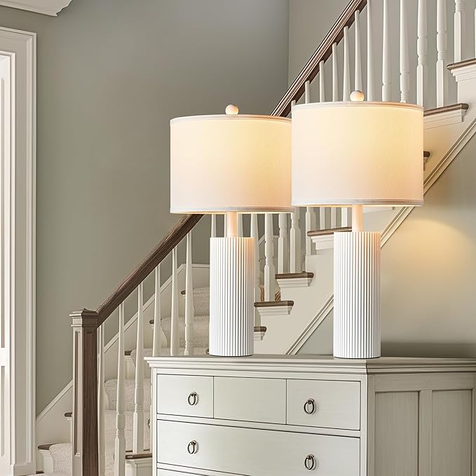 24.5" White Lamps Set of 2, Modern Table Lamps for Living Room with USB C+A Ports, Creative Stripe Touch Lamps for Nightstand, 2 Bulbs Included