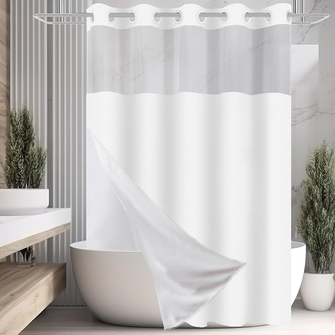 54x80 Inches, No Hook Shower Curtain with Snap in Fabric Liner Set, White Chevron Shower Curtain for Bathroom, Washable and Water Repellent, See Through Mesh Top Window