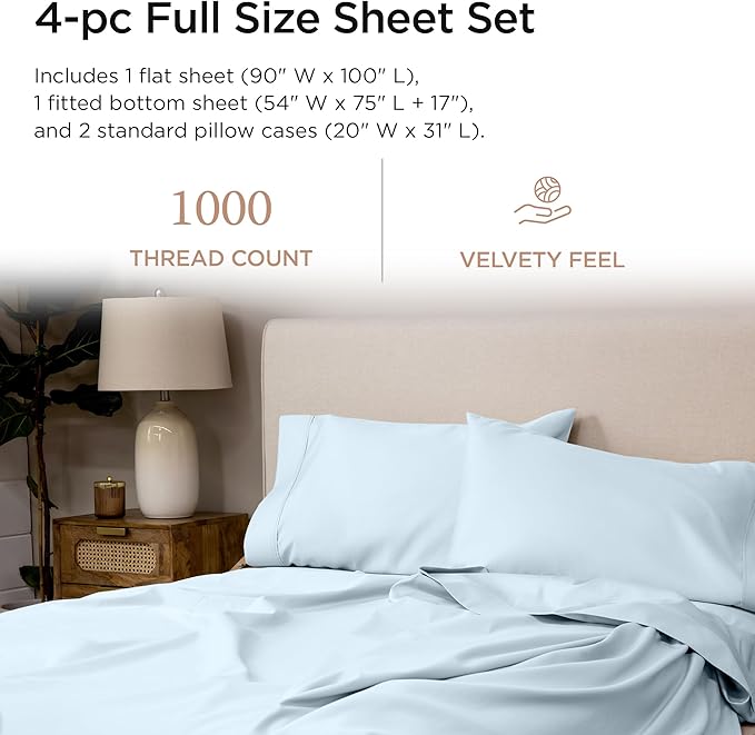 Threadmill Luxury Full Size Sheets for Full Size Mattress, 1000 Thread Count Supima Cotton Sheets for Full Mattress, 5-Star Hotel Quality 4 Piece Bed Sheets with Extra Deep Pocket, Light Blue