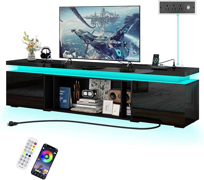 83Inch LED TV Stand for 95Inch TV, Modern TV Stand with Power Outlet, High Gloss TV Console Entertainment Center with Storage for Living Room (83 Inch, Black)