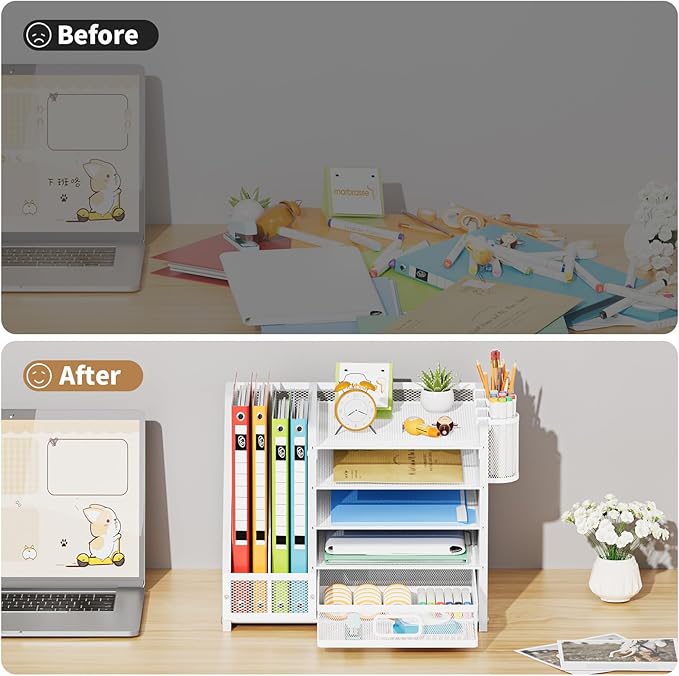 Marbrasse Desk Organizer with File Holder, 5-Tier Paper Letter Tray Organizer with Drawer and 2 Pen Holder, Mesh Desktop Organizer and Storage with Magazine Holder for Office Supplies (Wood-White)