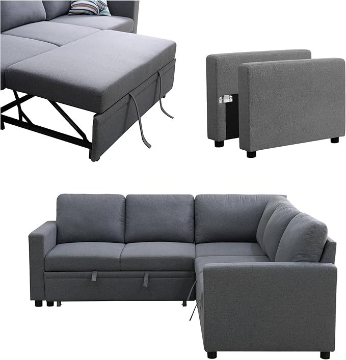 L Shaped Sectional Couch with Pull Out Bed, Convertible Sleeper Sofa Bed Couch with Storage, Modern Modular L Shaped Sofa for Living Room, Bedroom, Apartment, Grey