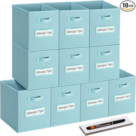 artsdi 13x13 storage cube bins (Set of 10) Foldable Fabric storage cubes with 10 Labels Window Cards & a Pen,13 inch cube storage bins,Closet Organizers for Shelves,Cubby Organizer Boxes,Blue