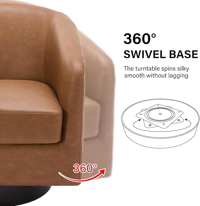 Swivel Barrel Accent Chair, Modern Round Faux Leather Arm Chair for Living Room, Bedroom, Comfy Club Reading Chairs for Adults, Faux Leather Brown, Set of 2