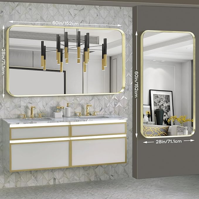 Wall Mount Mirror for Bathroom, Large Brushed Gold Metal Framed Rounded Corner Rectangular Vanity Mirror, Tempered Glass, Anti-Rust, Hangs Horizontally or Vertically (28" x 60", Gold)