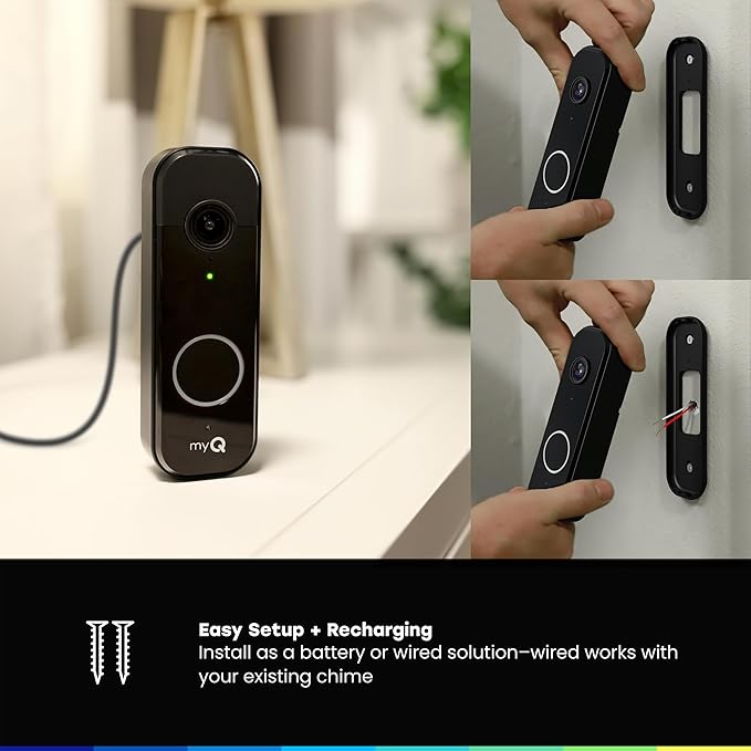 CHAMBERLAIN myQ Video Doorbell | 2K Camera, Battery/Wired, Color Night Vision, Live View with 2-Way Talk, Motion Detection & Real-Time Alerts, 150 Deg Wide View, Black