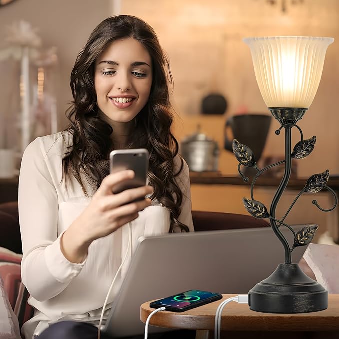 Touch Lamps for Nightstand Set of 2, Stripe Glass Shade Blossoming Bedside Lamp with USB A+C Charging Ports, Torchiere Table Lamp with Metal Leaf Base Decor Bedroom Living Room