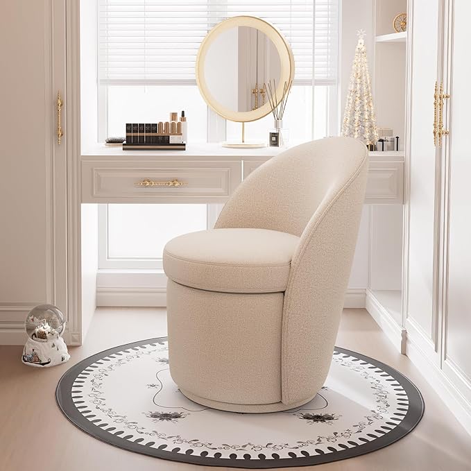 YOUNIKE Vanity Bench Boucle Fabric Oatmeal Solid Wood Swivel Accent Chair with Backrest Easy Assembly Dressing Stool for Bedroom & Makeup Room