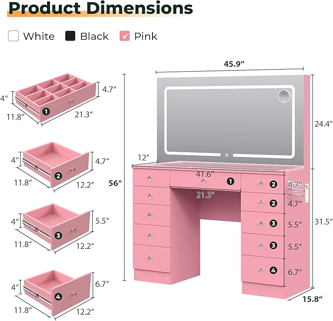 Vanity Mirror with Lights, Vanity with Lighted Mirror, 11 Drawers Makeup Vanity Desk with 3 Lighting Modes Adjustable Brightness, Pink Vanity with Glass Top for Bedroom