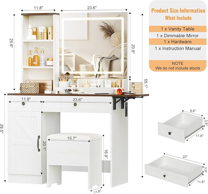 KAMABOKO Vanity Desk with Mirror, LED Lights and Power Outlet, Makeup Vanity Table with 2 Drawers and 3 Storage Shelves, Dressing Table w/Stools for Bedroom (White)