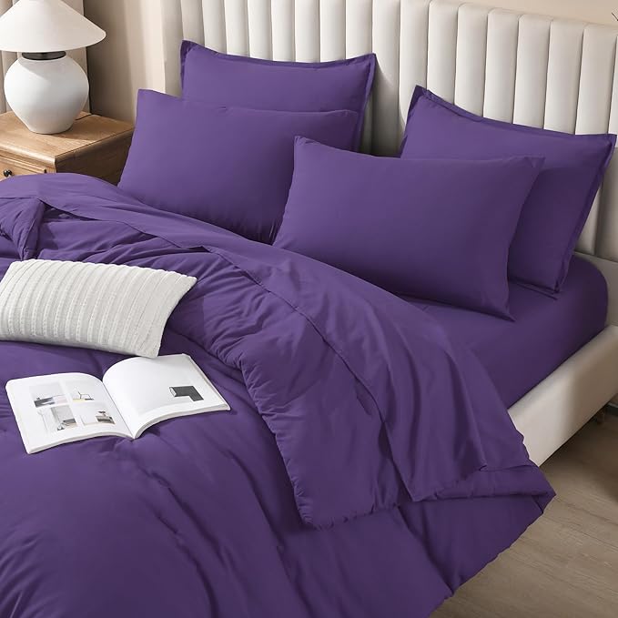 Litanika Comforter Full Size Set Purple - 7 Pieces Bed in a Bag Full Bedding Comforter Sets, Plain Lightweight Bed Set with Comforter, Sheets, Pillowcases & Shams
