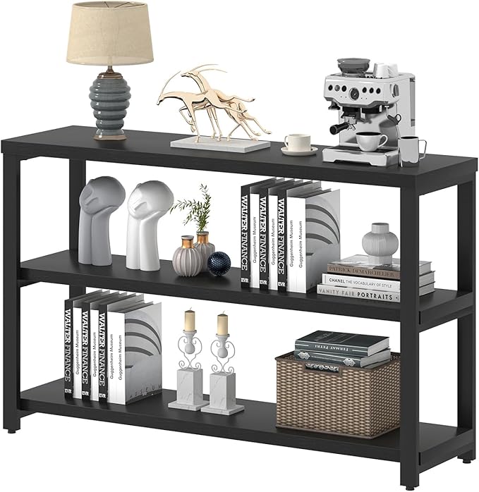 EXCEFUR Industrial Entryway Table, 3 Tier Console Table for Living Room, Wood Sofa Table for Hallway Behind Couch (47 Inch, Modern Black)