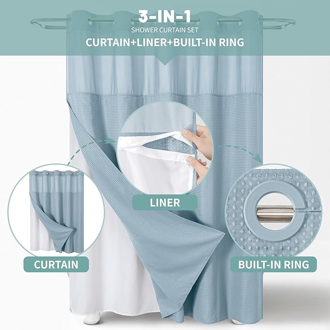 Teal Extra Long No Hook Waffle Weave Shower Curtain with snap-in Liner Replacement, 230GSM Waterproof Fabric Hotel Shower Curtain Set for Bathroom, Through Mesh Top Window,71Wx86H