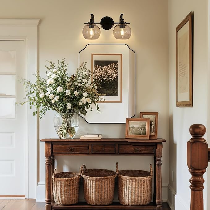 ANDY STAR 2 Light Bathroom Vanity Light, Matte Black Bathroom Light Fixtures, Modern Wall Sconce with Clear Globe Glass Shade, Farmhouse Wall Lamp for Bathroom, Living Room, Hallway, Cabinet, Porch