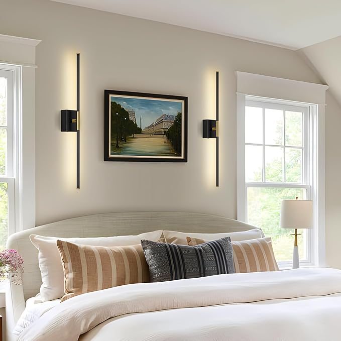 Wall Sconces Set of Two with Remote Control 29.1 in Dimmable Black Gold Battery Operated Wall Lights 350° Ratation 3000K-6000K LED Wireless Rechargeable Sconce for Bathroom Living Room Bedroom