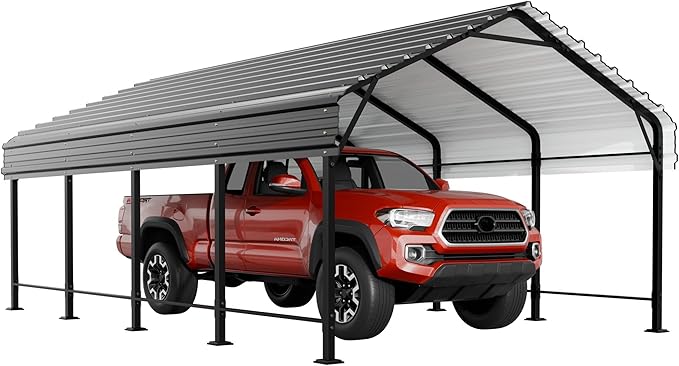 JY QAQA 12 x 20 ft Metal Carport, Heavy Duty Carport Canopy with Galvanized Steel Roof, Outdoor Car Tent Metal Garage Shelter for Car, SUV, Trucks and Boats