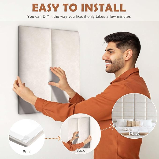 IFNOW Wall Mounted Upholstered Headboard, 3D Peel and Stick Soundproof Wall Panels, Reusable Padded Leather Headboard, 6 Panels 9.84" x 23.62", Ivory White