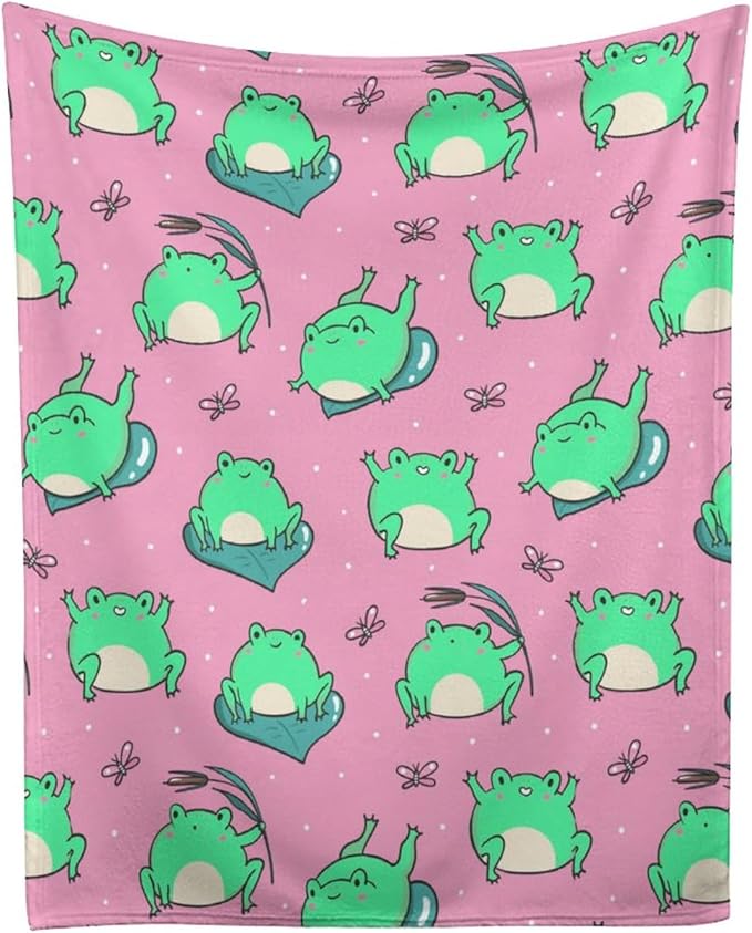 Cute Green Frogs on Pink Throw Blanket, Flannel Fleece Bed Blanket, Soft Cozy Fuzzy Plush Blankets for Couch Sofa Office Traveling Kids Bedroom Adults Living Room All Season, 80"x60"