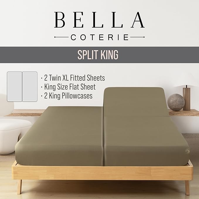 Bella Coterie Luxury Bamboo Viscose Split King Size Sheet Set | 100% Organically Grown | Ultra Soft | Cooling for Hot Sleepers | 18" Deep Pocket [Olive]
