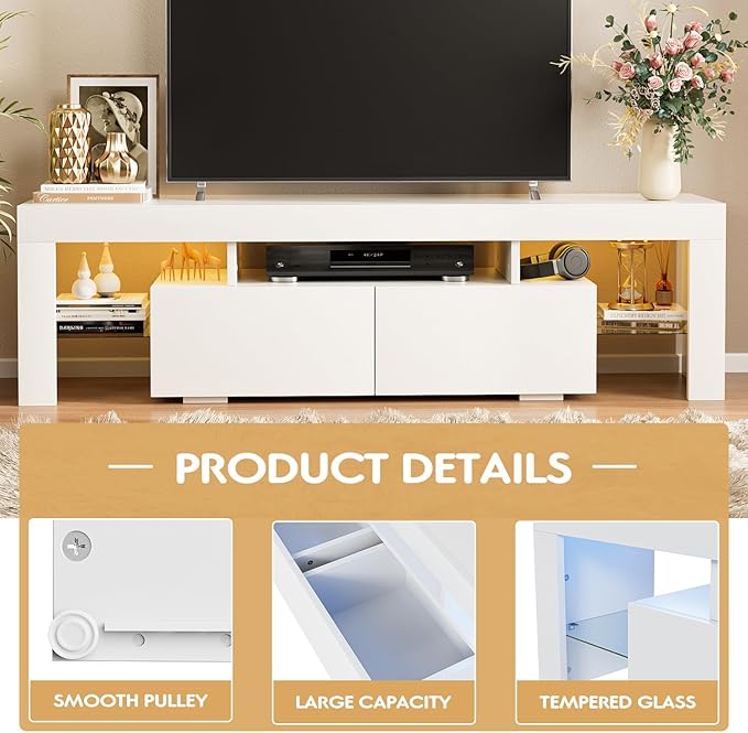 JUMMICO TV Stand, Modern Lighting TV Cabinet Entertainment Center Media and Open Shelf, TV Console Table with 1 Drawer and Remote Control, 20 Color LED Lights up to 70 Inch TV (White)