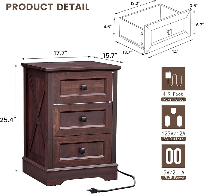 Farmhouse 3 Drawers Dresser for Bedroom, Rustic Small Chest of Drawers with Charging Station, Wood Closet Organizers, Modern Tall Nightstand/End Table for Bedroom, Living Room, Entryway, Cherry Red