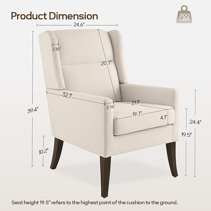 High Back Living Room Chairs, Fabric Accent Chair, Comfy Upholstered Armchair with Wooden Legs for Living Room, Bedroom, Apartment (2, Beige)