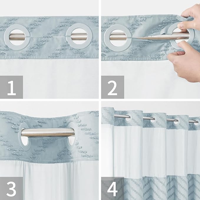 Stall No Hook Boho Farmhouse Shower Curtain with Snap-in Fabric Liner set-54Wx80H(78H),Tufted Chevron Striped Hotel Grade Cloth Shower Curtains for Bathroom,Water Repellent,Fog Blue