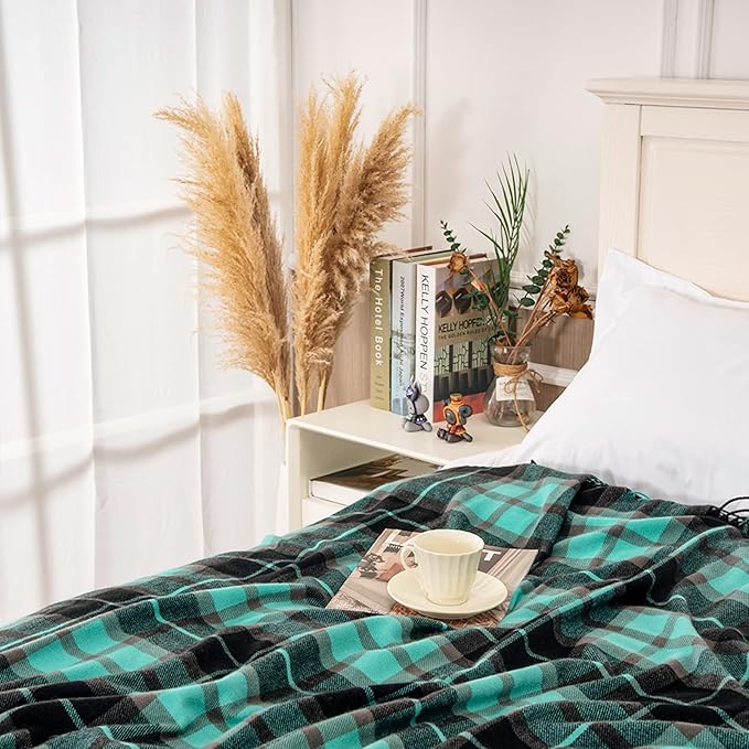 Gealaek Decorative Faux Cashmere Throw Blanket with Fringe Green and Black Plaid Lightweight Fuzzy Soft Cozy Throws for Sofa Bed Farmhouse Throw Blanket 50" x 60"