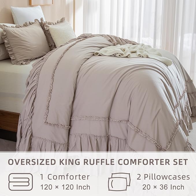 QSH Taupe Oversized King Comforter Set 120x120,Shabby Vintage Chic Ruffled Bedding Comforter Farmhouse French Country Rustic Comforter Microfiber Soft Fluffy Lightweight Bedding 3 PCs