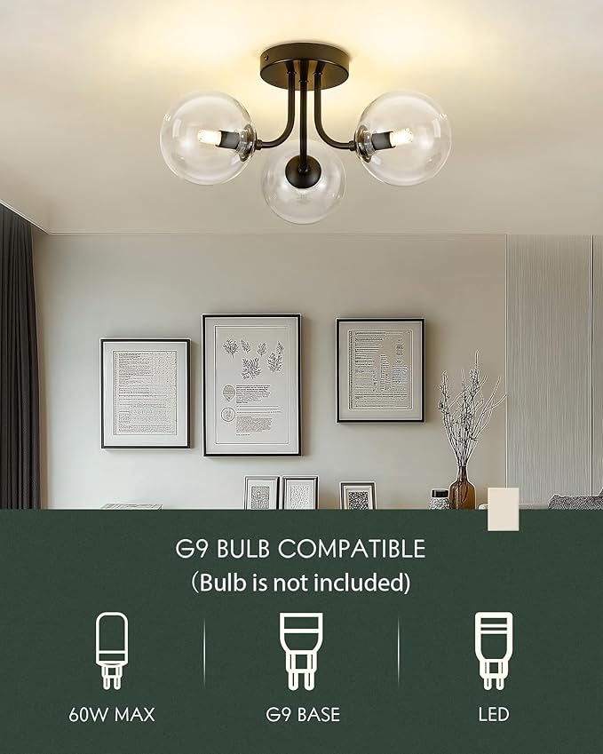 3-Globe Black Flush Mount Ceiling Light in a Modern Farmhouse Design is Ideal for Living Rooms, Bedrooms, or Dining Rooms. Model:CKCL4845-3W-CLBK