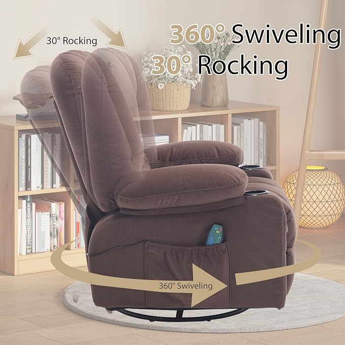 Recliner Chair for Adults, Rocker Recliners with Massage and Heat, Fabric Overstuffed Swivel Glider with Cup Holder Side Pocket, Manual Reclining Sofa Chair for Living Room,Brown